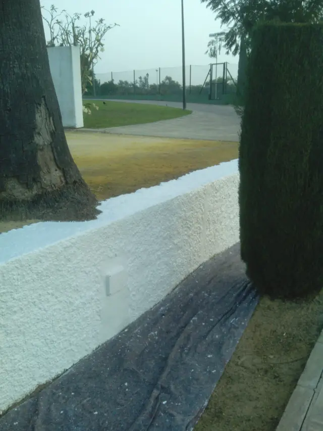 Muro exterior con acabado rugoso en blanco
